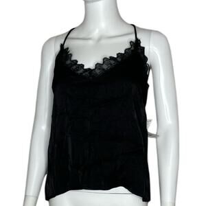 Aqua Women's Black Lace Trimmed V-Neck Lightweight Halter Lacey T-Back Tank sz S